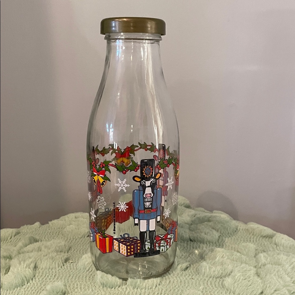 Festive Glass Milk Bottle with Nutcracker Design